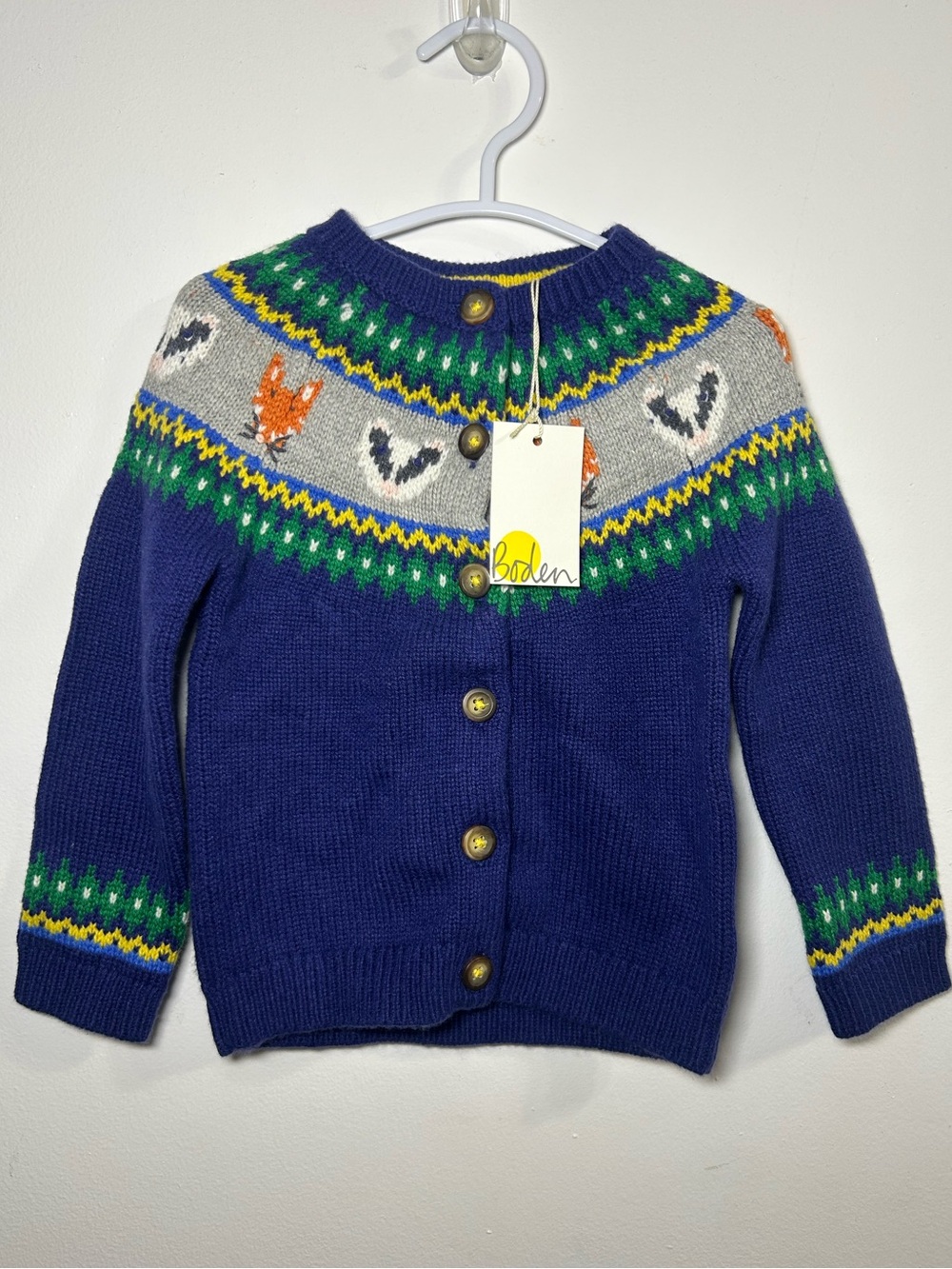 Baby Boden College Navy FairIsle Button Cardigan with animal Motif NWT